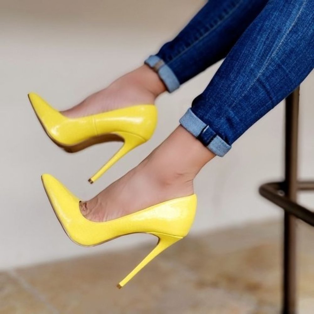 Women's Yellow Pointed Toe Stiletto Pumps High Heels - Picture 2 of 5